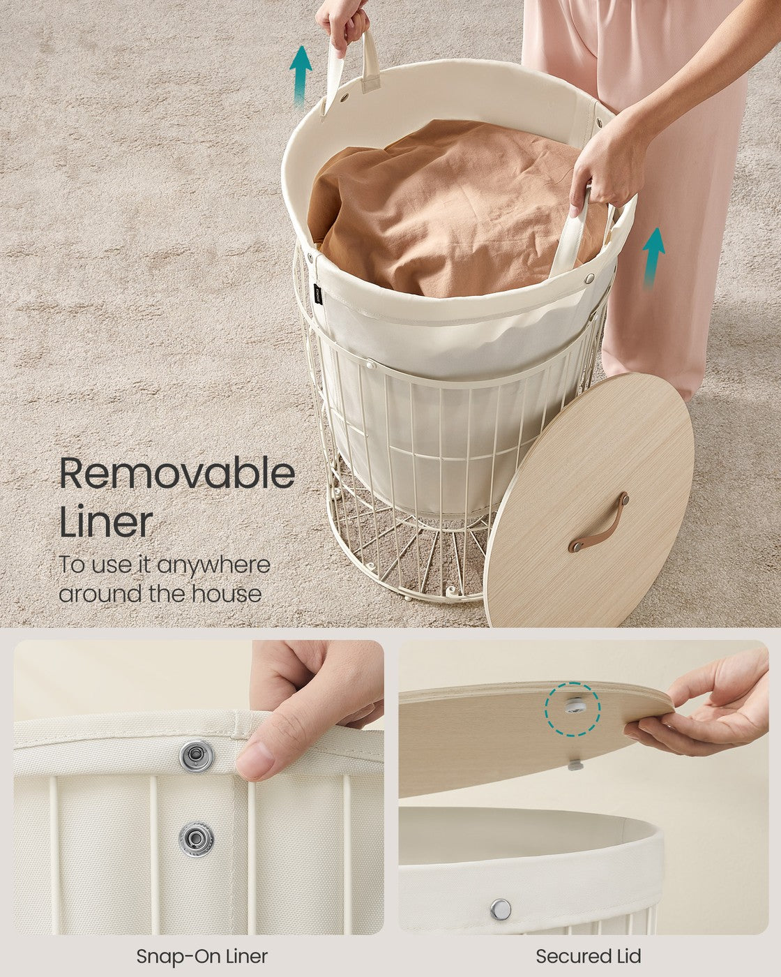 SONGMICS Round Laundry Hamper with Lid, 25 Gallons, White – Cream White