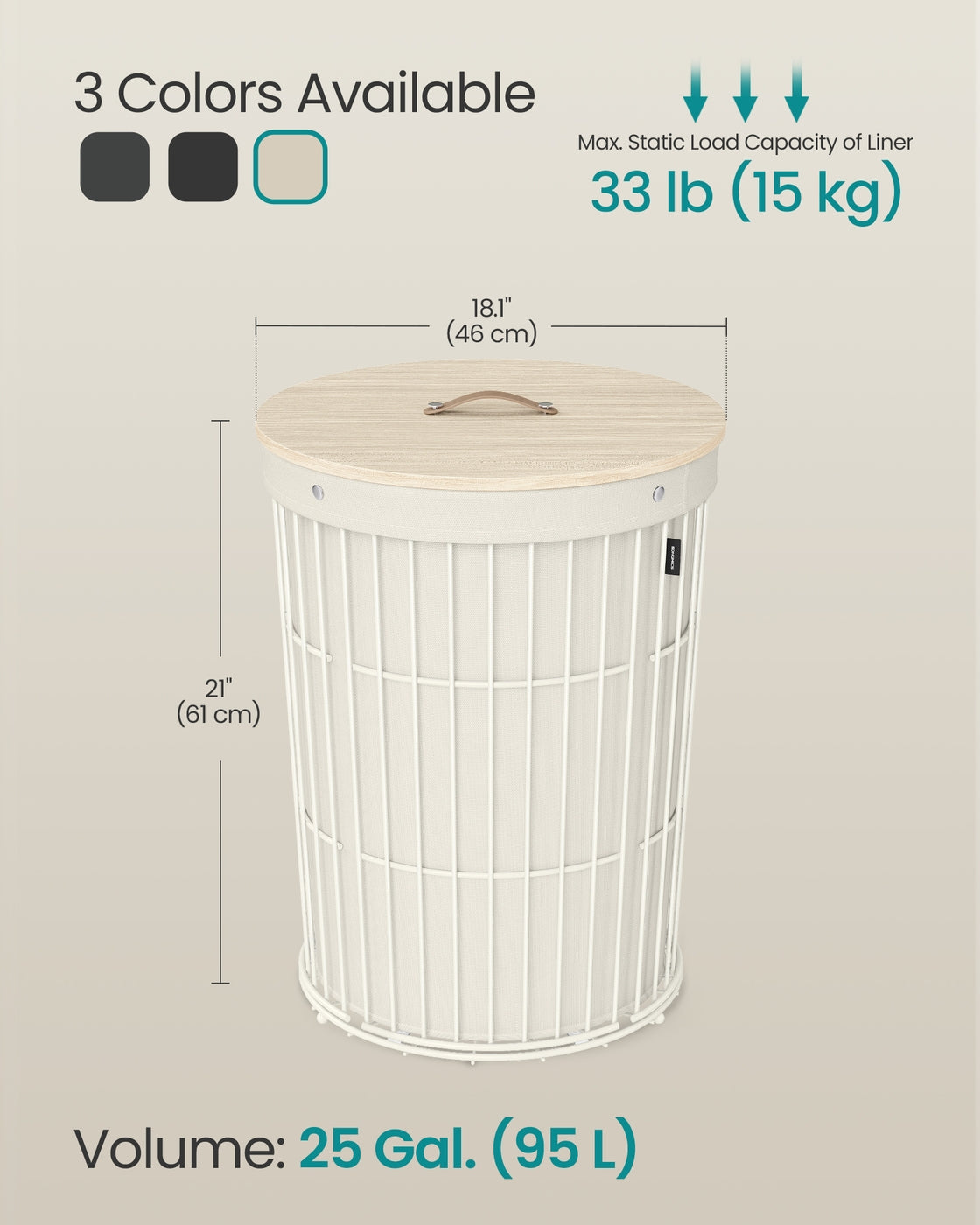 SONGMICS Round Laundry Hamper with Lid, 25 Gallons, White – Cream White