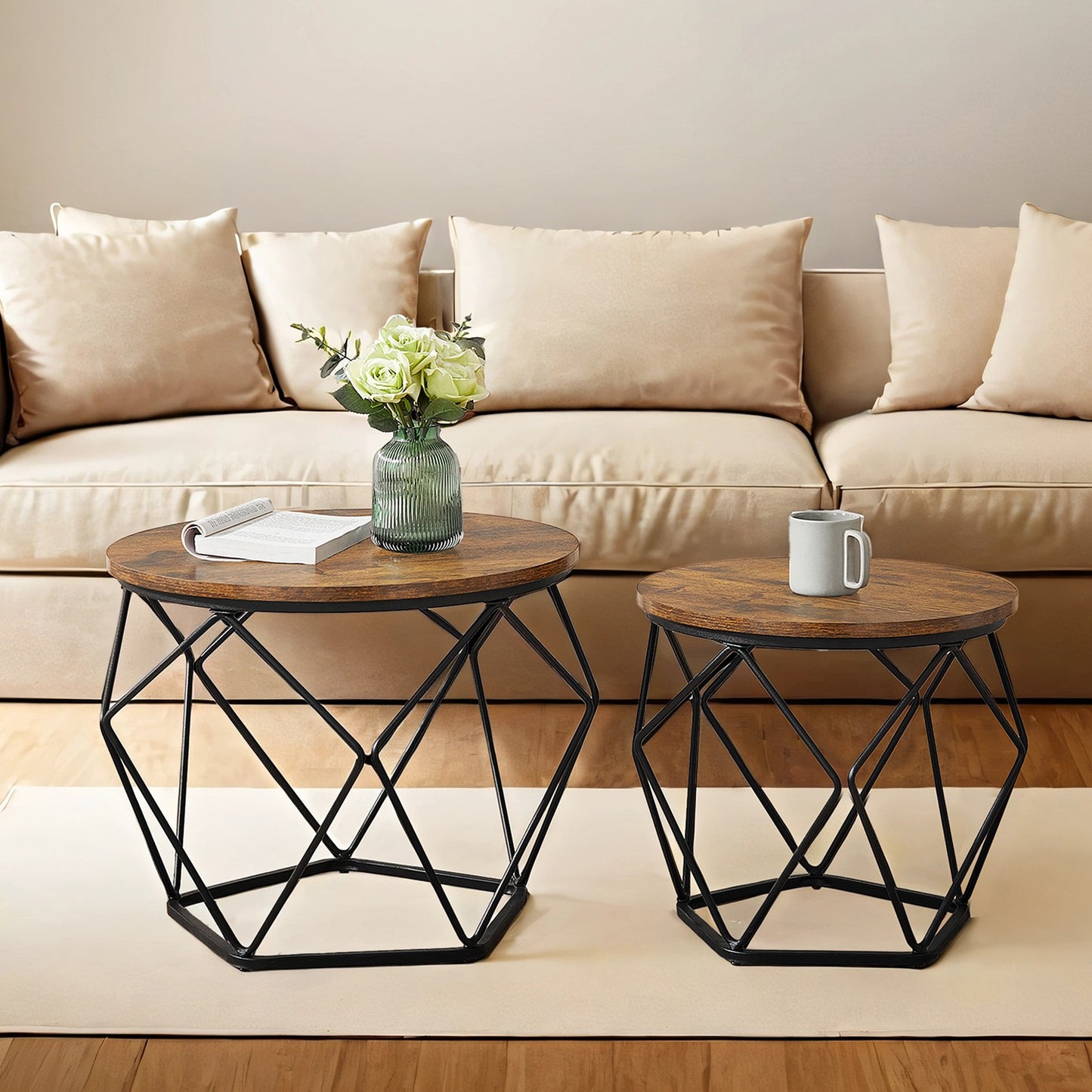 VASAGLE Round Coffee Table and Side Table Set – Rustic Brown, Ink Black