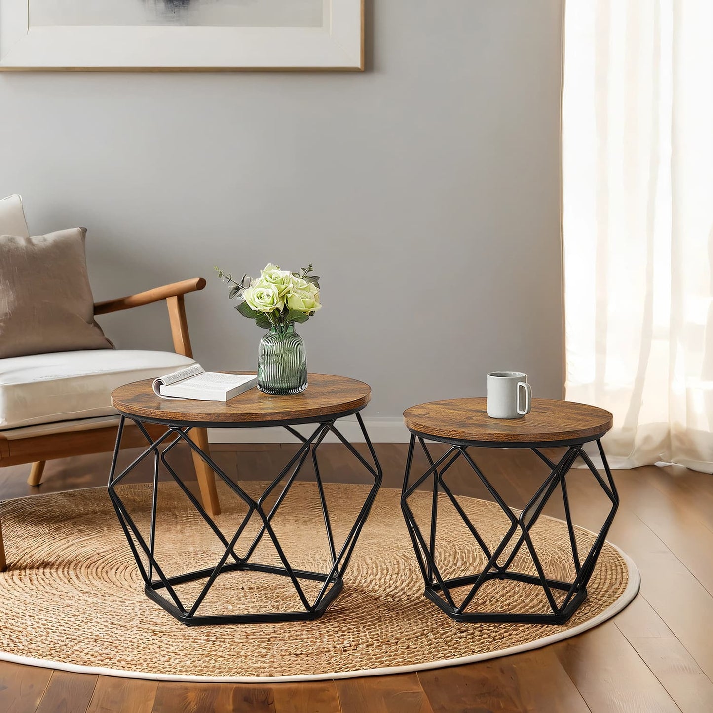 VASAGLE Round Coffee Table and Side Table Set – Rustic Brown, Ink Black