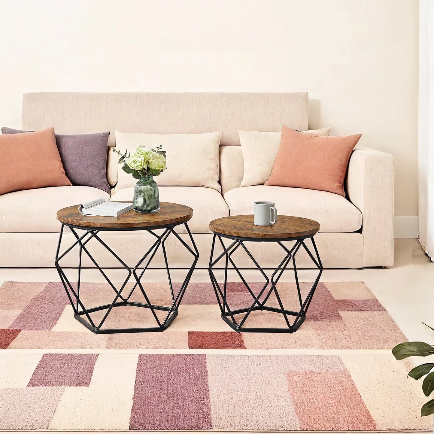 VASAGLE Round Coffee Table and Side Table Set – Rustic Brown, Ink Black