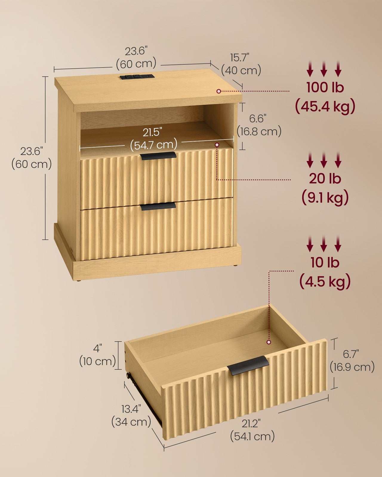VASAGLE Maxe Nightstand with Charging Station