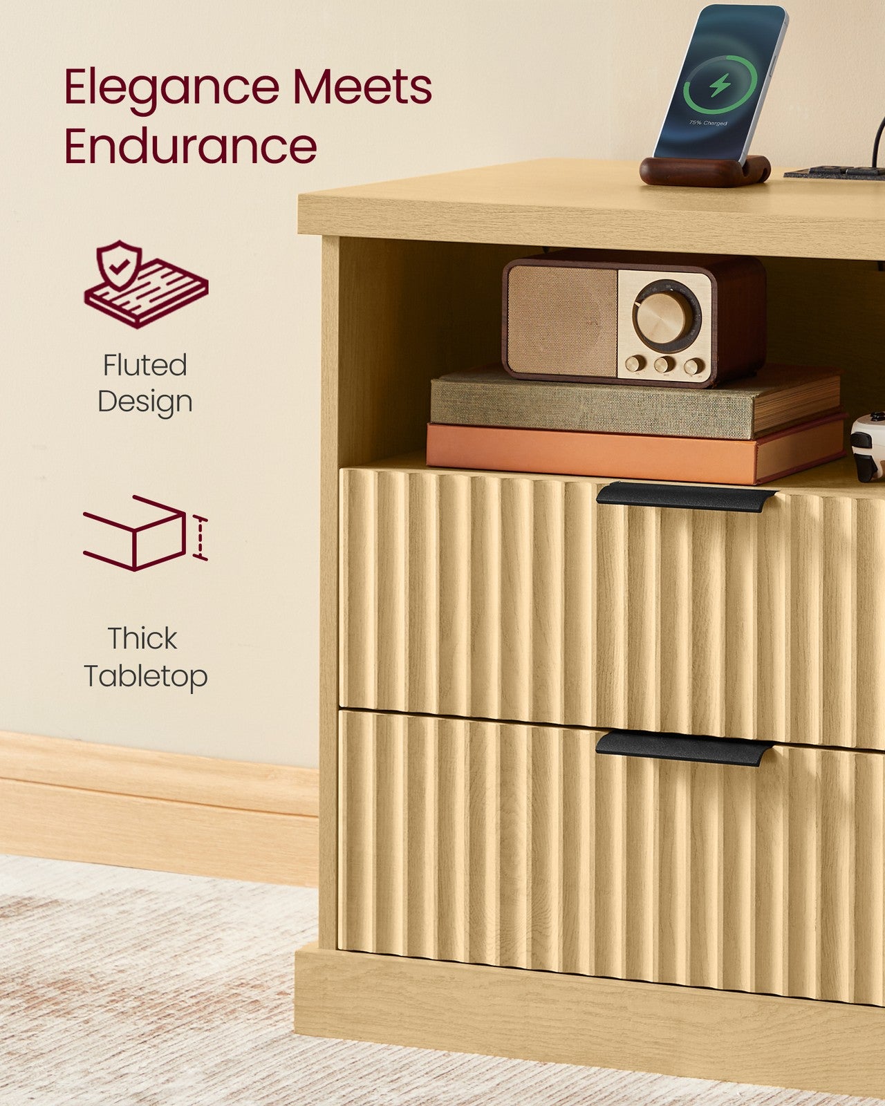 VASAGLE Maxe Nightstand with Charging Station