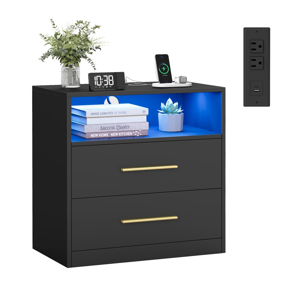VASAGLE Custos Nightstand with Charging Station, LED Lights – Ink Black