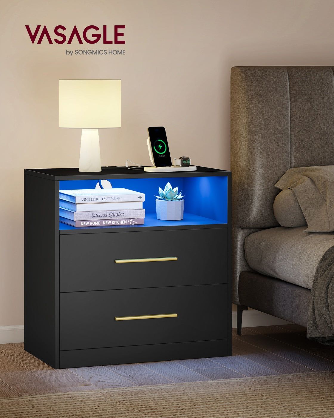 VASAGLE Custos Nightstand with Charging Station, LED Lights – Ink Black