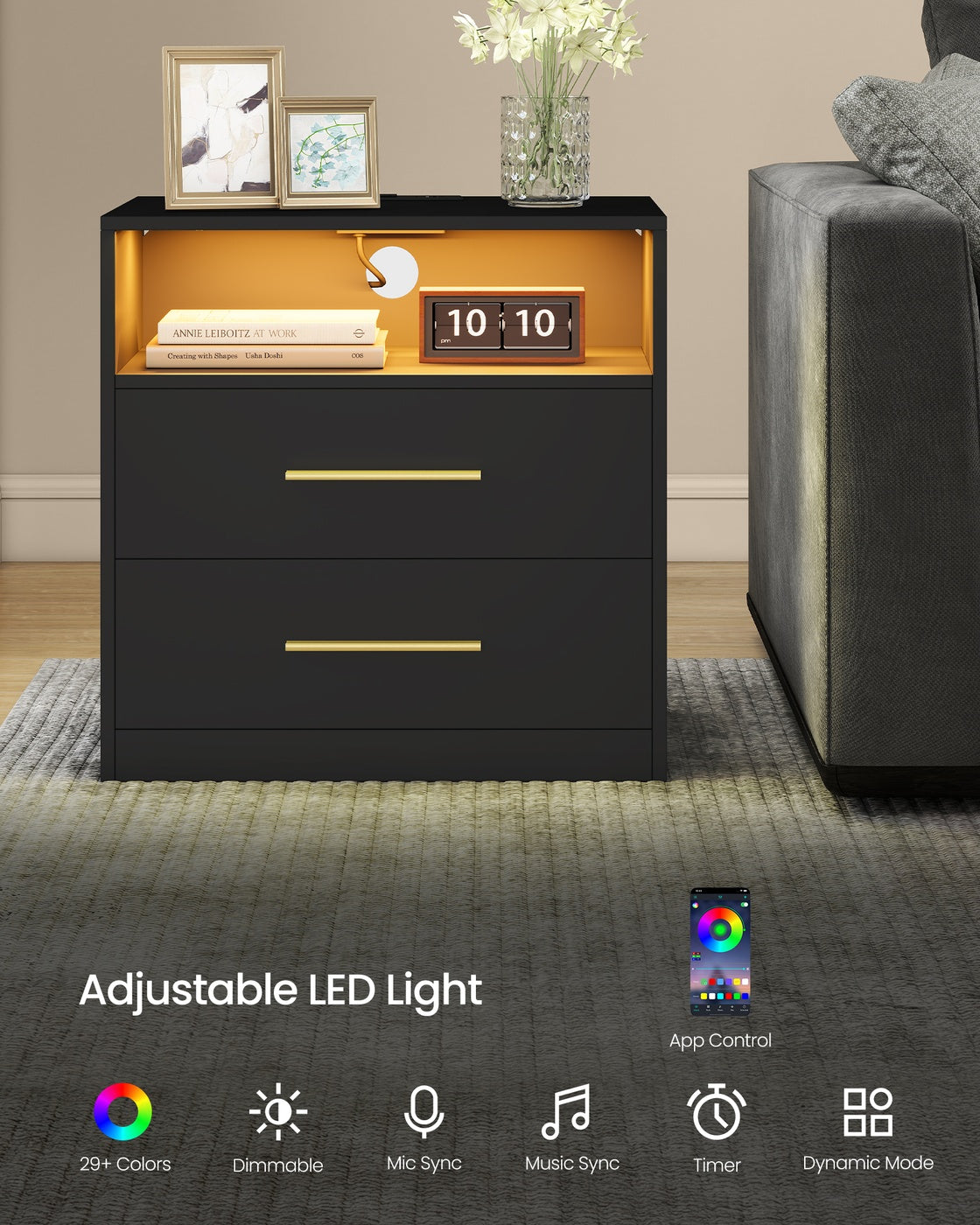 VASAGLE Custos Nightstand with Charging Station, LED Lights – Ink Black
