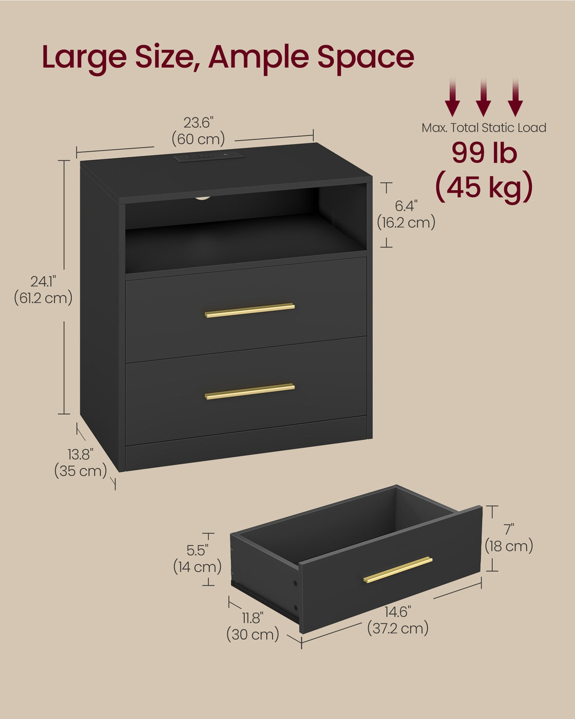 VASAGLE Custos Nightstand with Charging Station, LED Lights – Ink Black