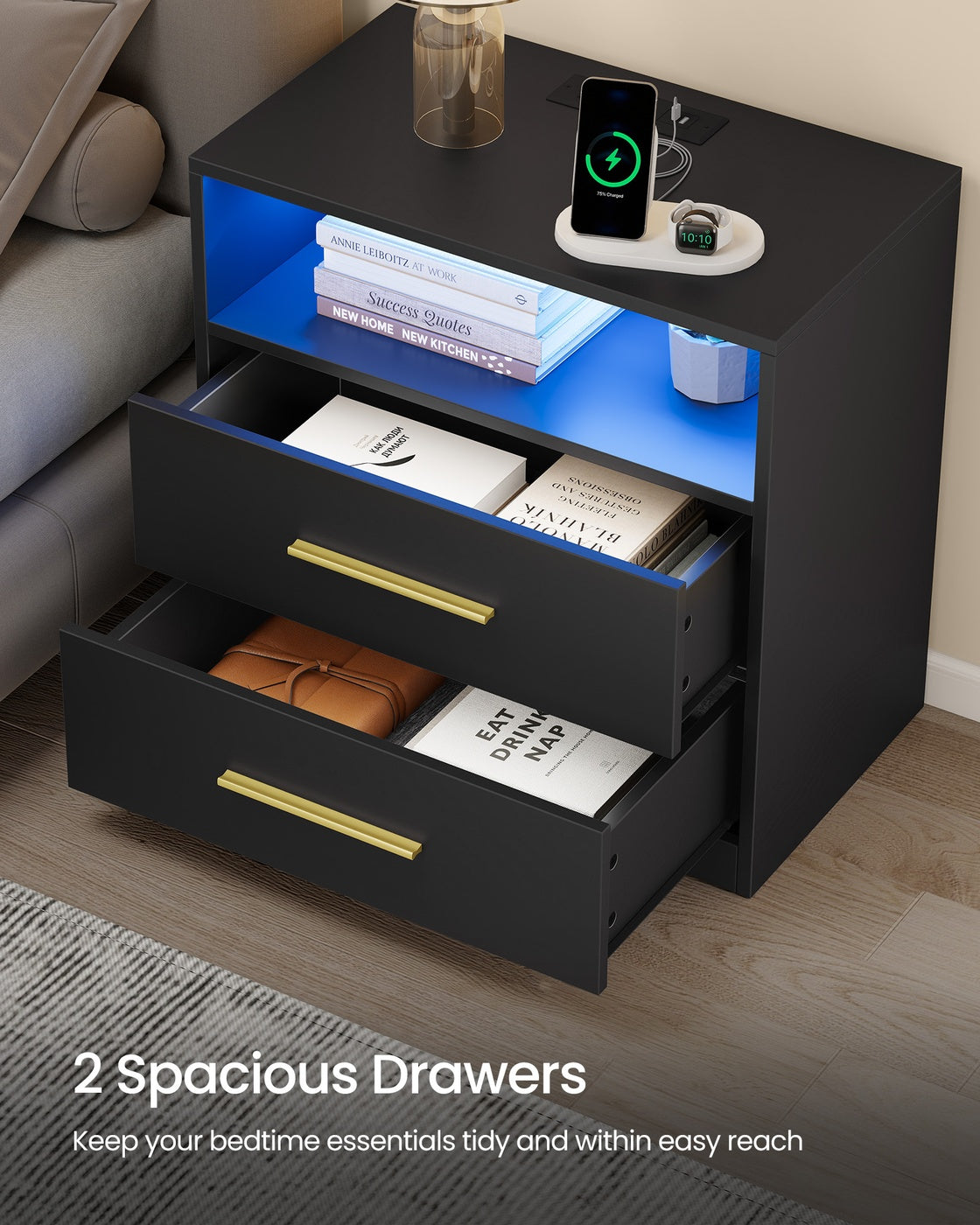VASAGLE Custos Nightstand with Charging Station, LED Lights – Ink Black