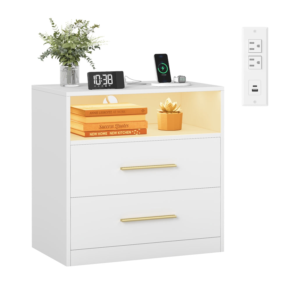 VASAGLE Custos Nightstand with Charging Station, LED Lights – Cloud White