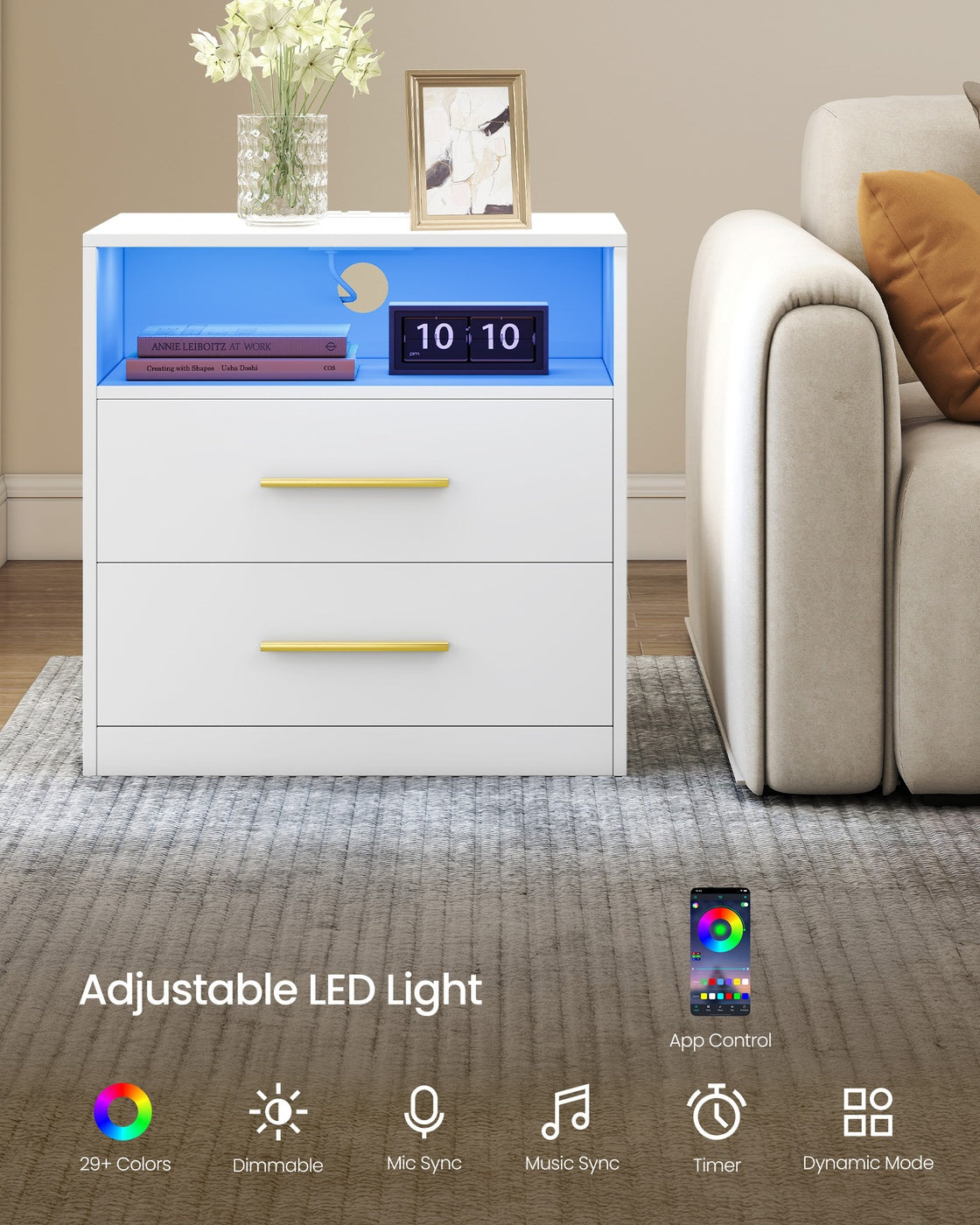 VASAGLE Custos Nightstand with Charging Station, LED Lights – Cloud White
