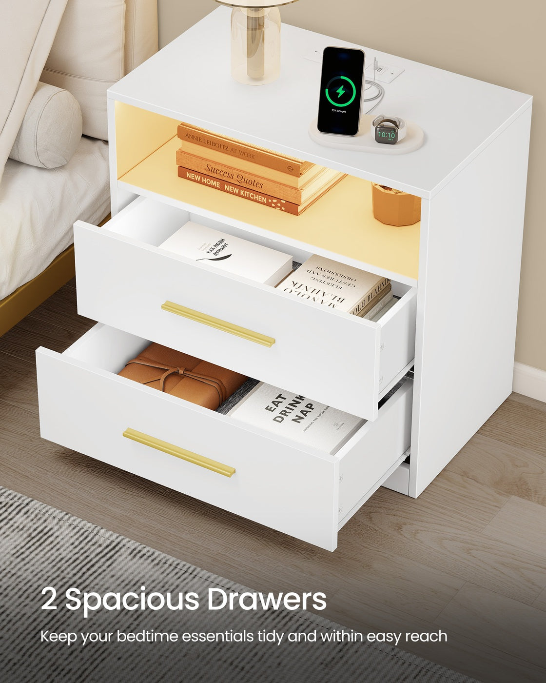 VASAGLE Custos Nightstand with Charging Station, LED Lights – Cloud White