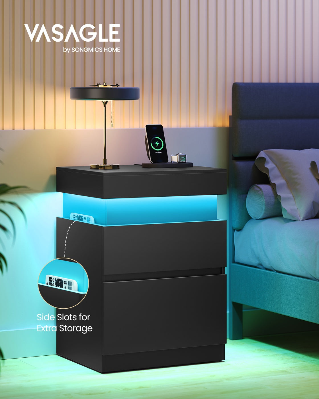 VASAGLE Kailyn Nightstand with Power Outlets, Sliding Lid | ULET650BC01S
