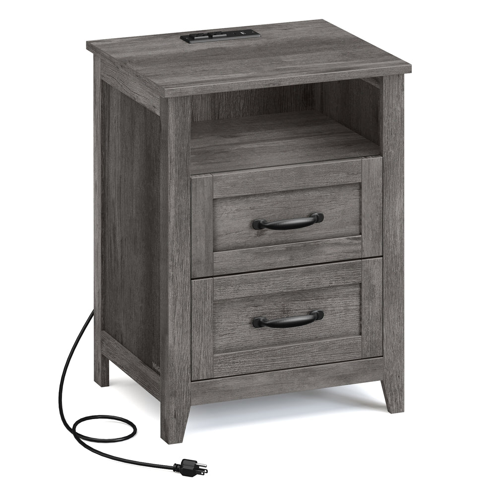 VASAGLE Liry Farmhouse Nightstand with Charging Station – Misty Gray – 15.7"D x 17.7"W x 23.6"H