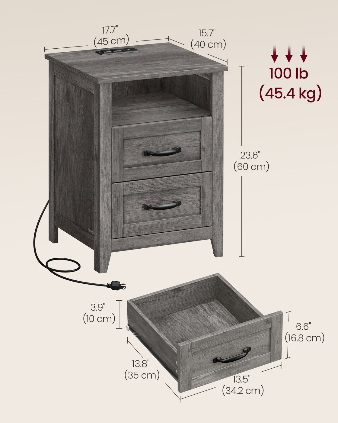 VASAGLE Liry Farmhouse Nightstand with Charging Station – Misty Gray – 15.7"D x 17.7"W x 23.6"H