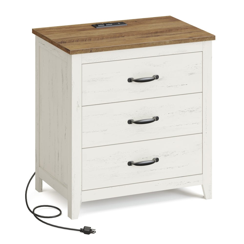 VASAGLE Liry Farmhouse Nightstand with Charging Station – Rustic White, Honey Brown – 15.7"D x 23.6"W x 24.8"H