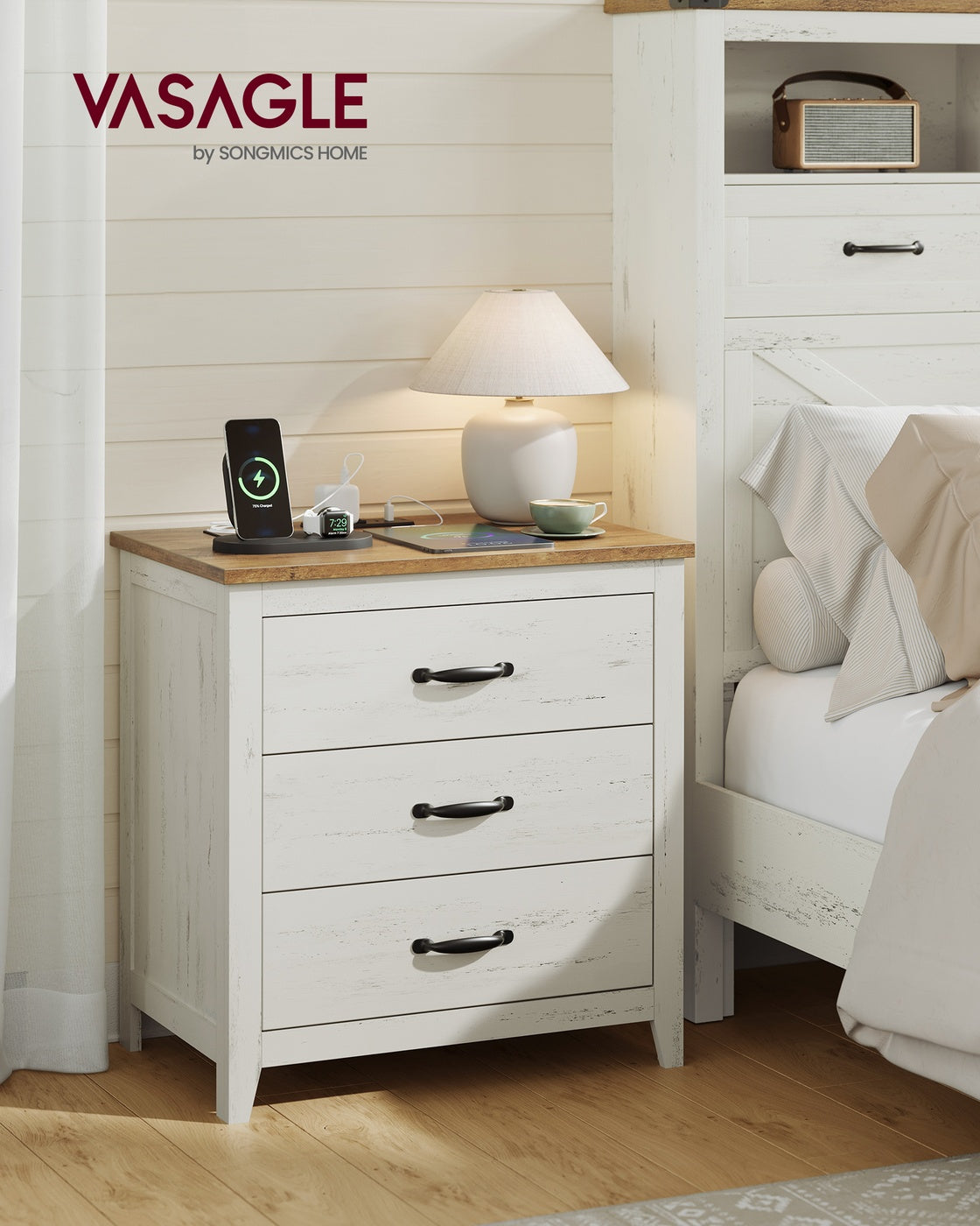 VASAGLE Liry Farmhouse Nightstand with Charging Station – Rustic White, Honey Brown – 15.7"D x 23.6"W x 24.8"H