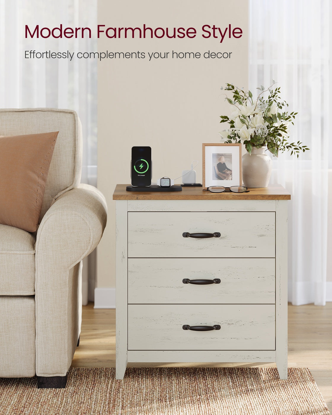 VASAGLE Liry Farmhouse Nightstand with Charging Station – Rustic White, Honey Brown – 15.7"D x 23.6"W x 24.8"H
