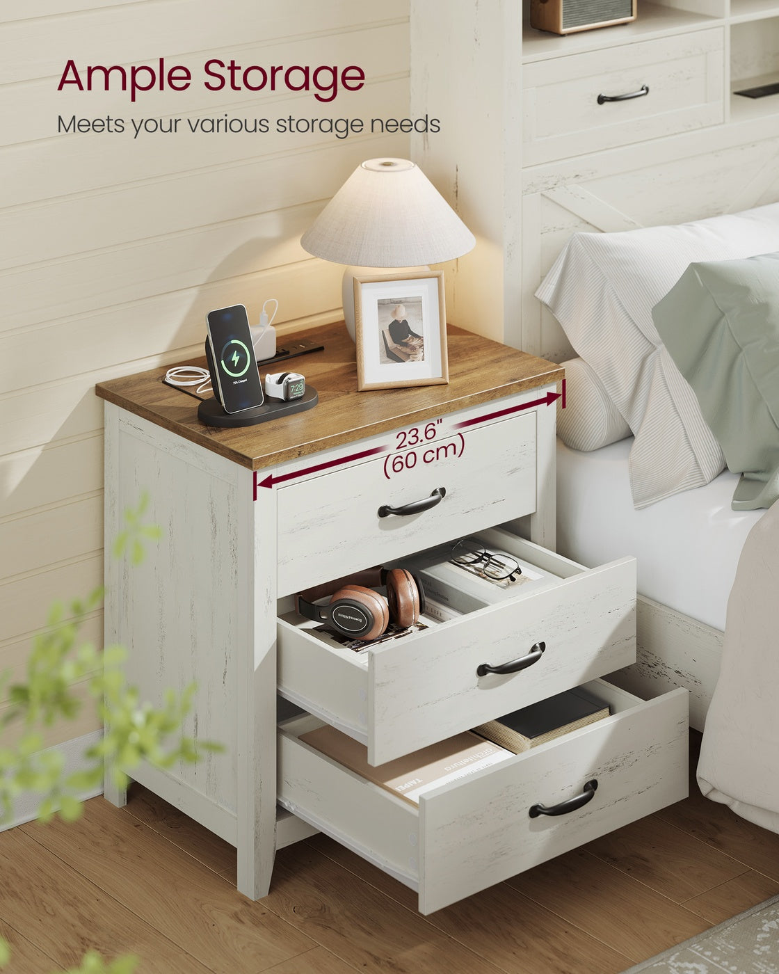 VASAGLE Liry Farmhouse Nightstand with Charging Station – Rustic White, Honey Brown – 15.7"D x 23.6"W x 24.8"H