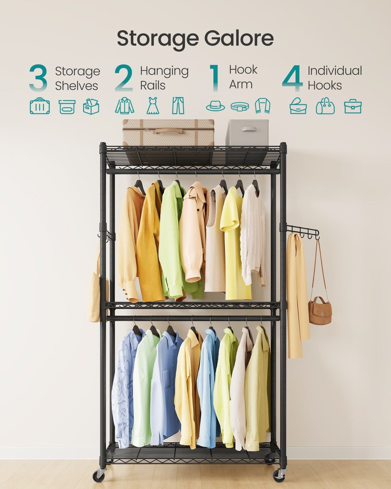 SONGMICS Heavy-Duty Rolling Clothes Rack – Ink Black – 35.4"L x 15.8"W x 78.3"H