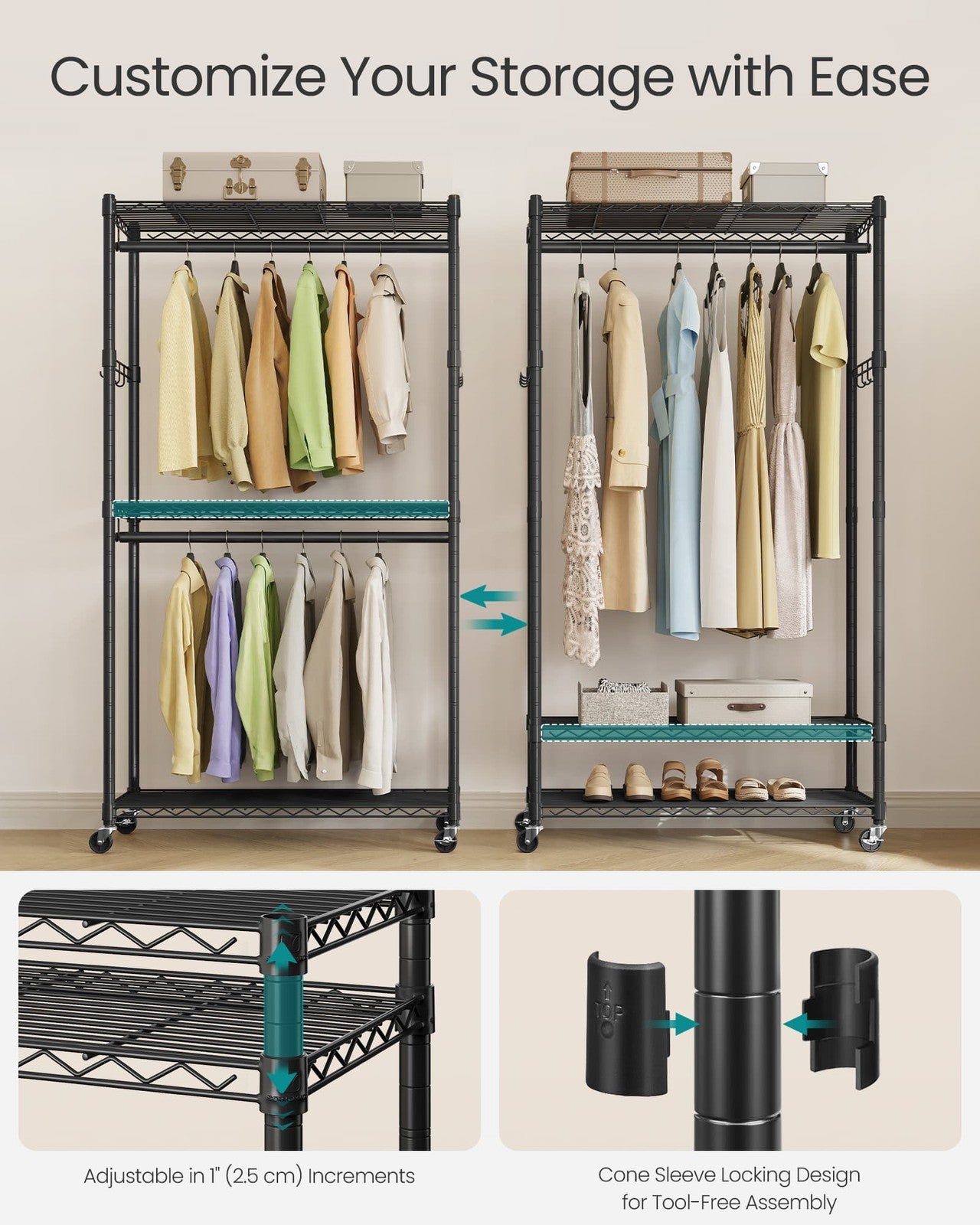 SONGMICS Heavy-Duty Rolling Clothes Rack – Ink Black – 35.4"L x 15.8"W x 78.3"H
