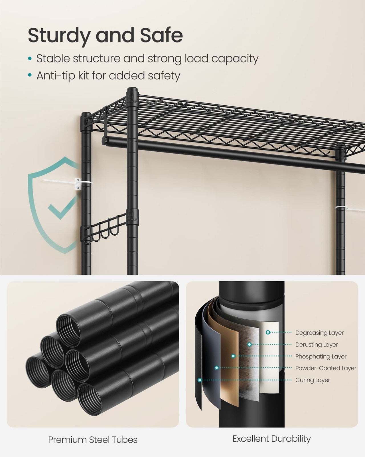 SONGMICS Heavy-Duty Rolling Clothes Rack – Ink Black – 35.4"L x 15.8"W x 78.3"H