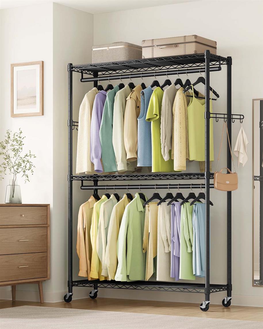 SONGMICS Heavy-Duty Rolling Clothes Rack – Ink Black – 43.3"L x 15.8"W x 78.3"H | ULGR414B01