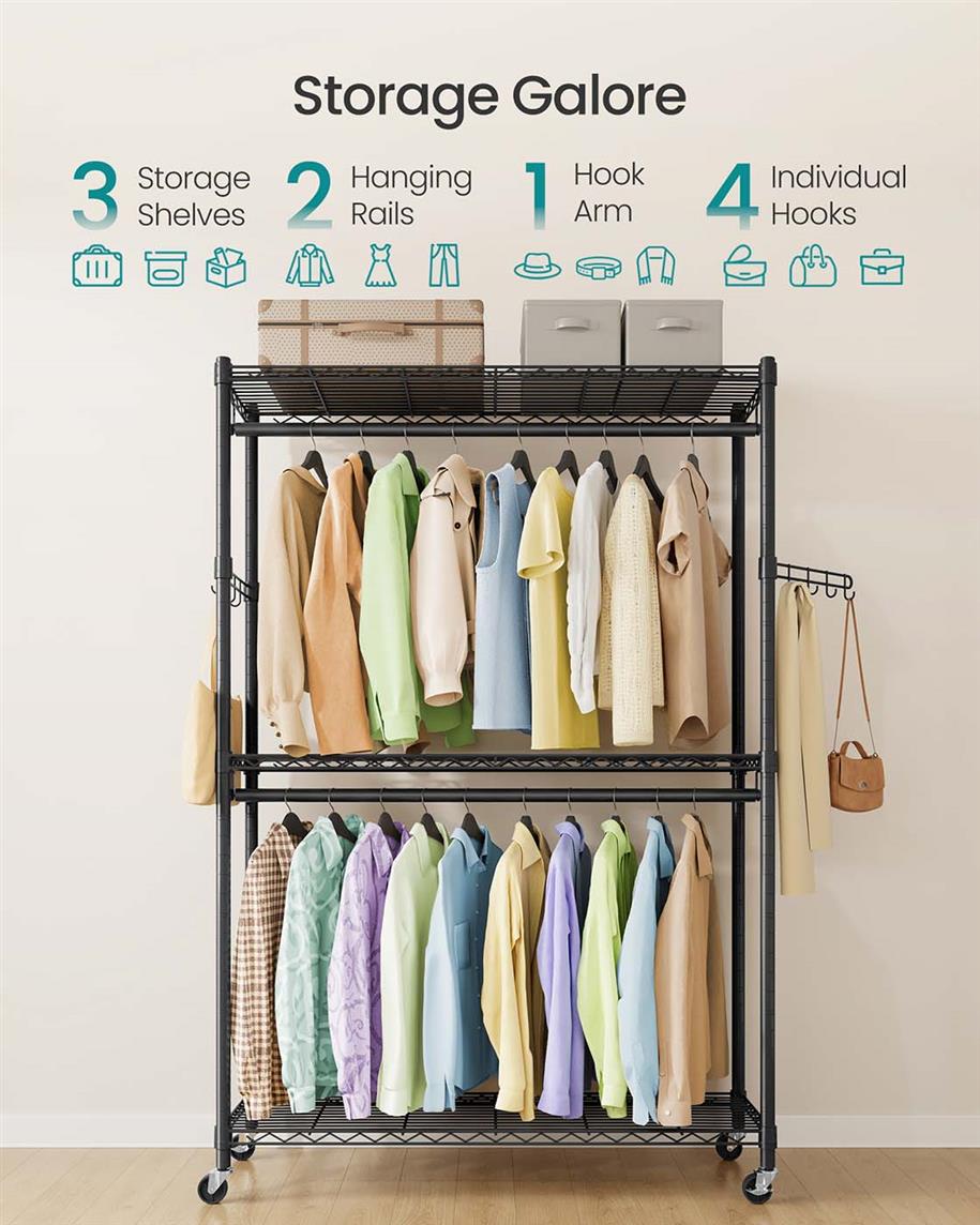 SONGMICS Heavy-Duty Rolling Clothes Rack – Ink Black – 43.3"L x 15.8"W x 78.3"H | ULGR414B01