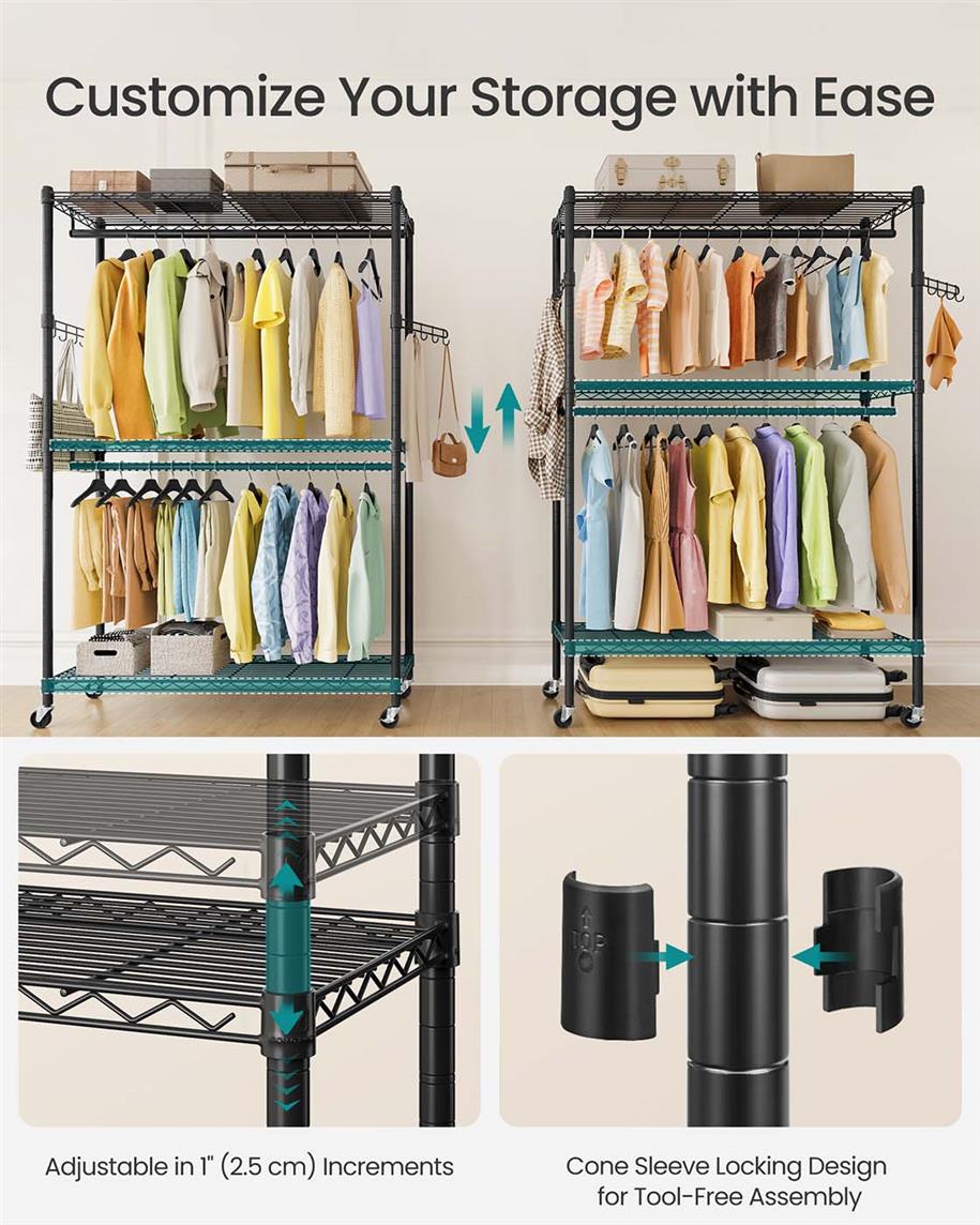 SONGMICS Heavy-Duty Rolling Clothes Rack – Ink Black – 43.3"L x 15.8"W x 78.3"H | ULGR414B01