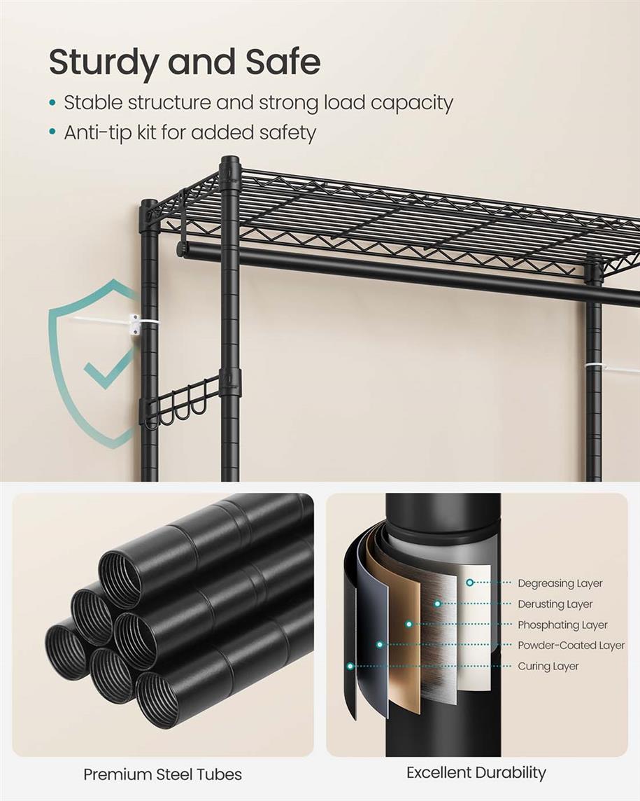 SONGMICS Heavy-Duty Rolling Clothes Rack – Ink Black – 43.3"L x 15.8"W x 78.3"H | ULGR414B01
