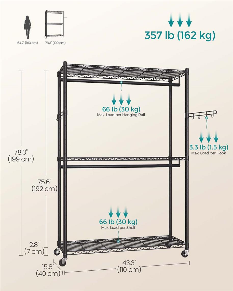 SONGMICS Heavy-Duty Rolling Clothes Rack – Ink Black – 43.3"L x 15.8"W x 78.3"H | ULGR414B01