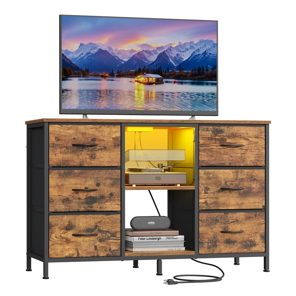 SONGMICS Bellah TV Stand with Drawers and Shelves – Rustic Brown