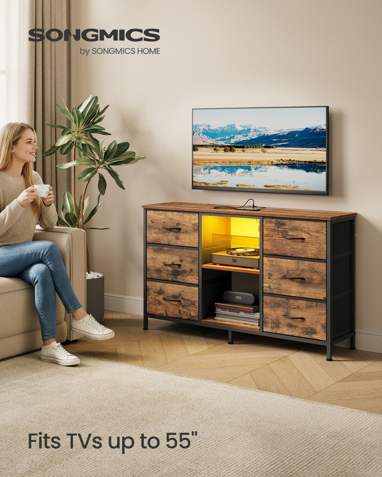 SONGMICS Bellah TV Stand with Drawers and Shelves – Rustic Brown