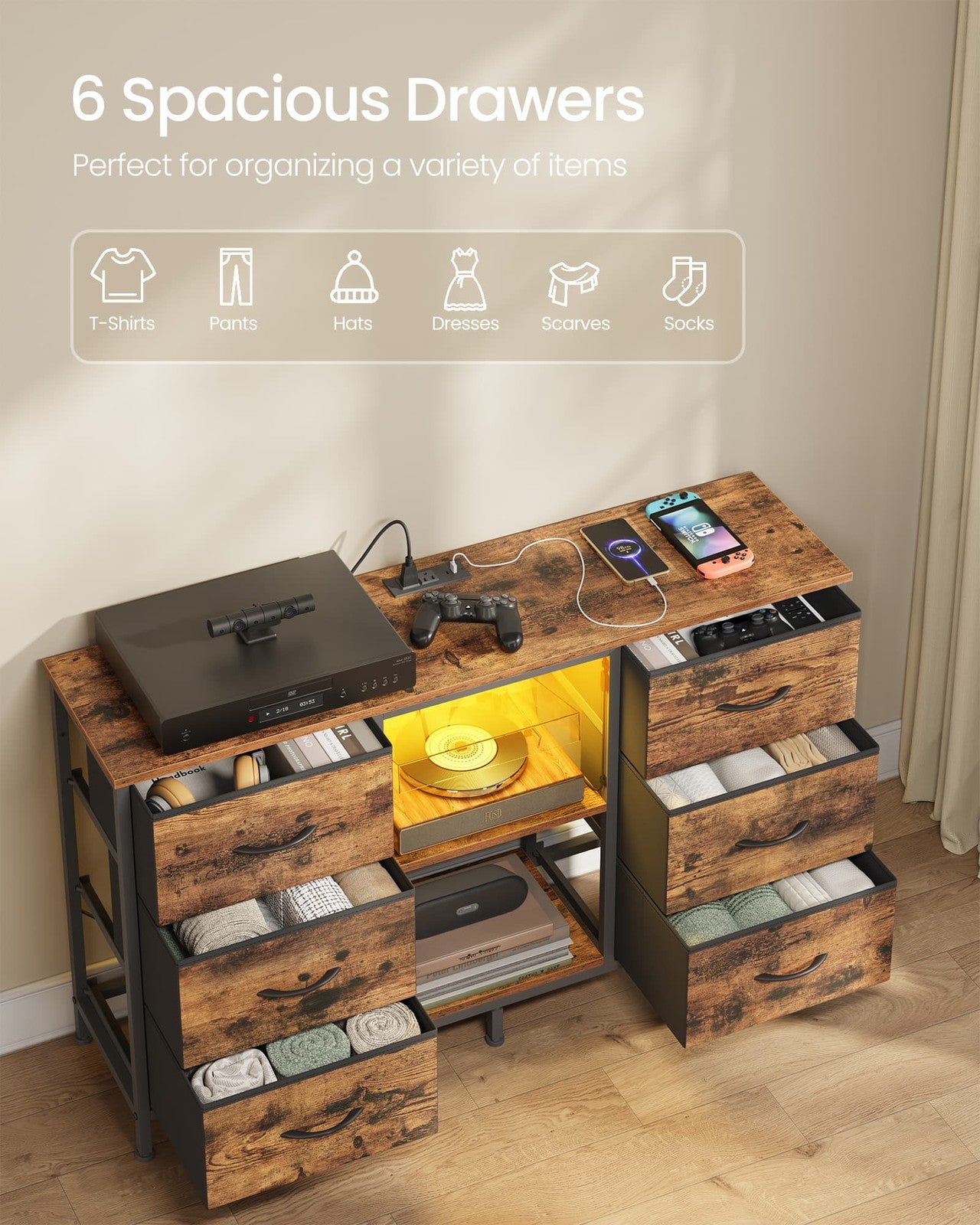 SONGMICS Bellah TV Stand with Drawers and Shelves – Rustic Brown