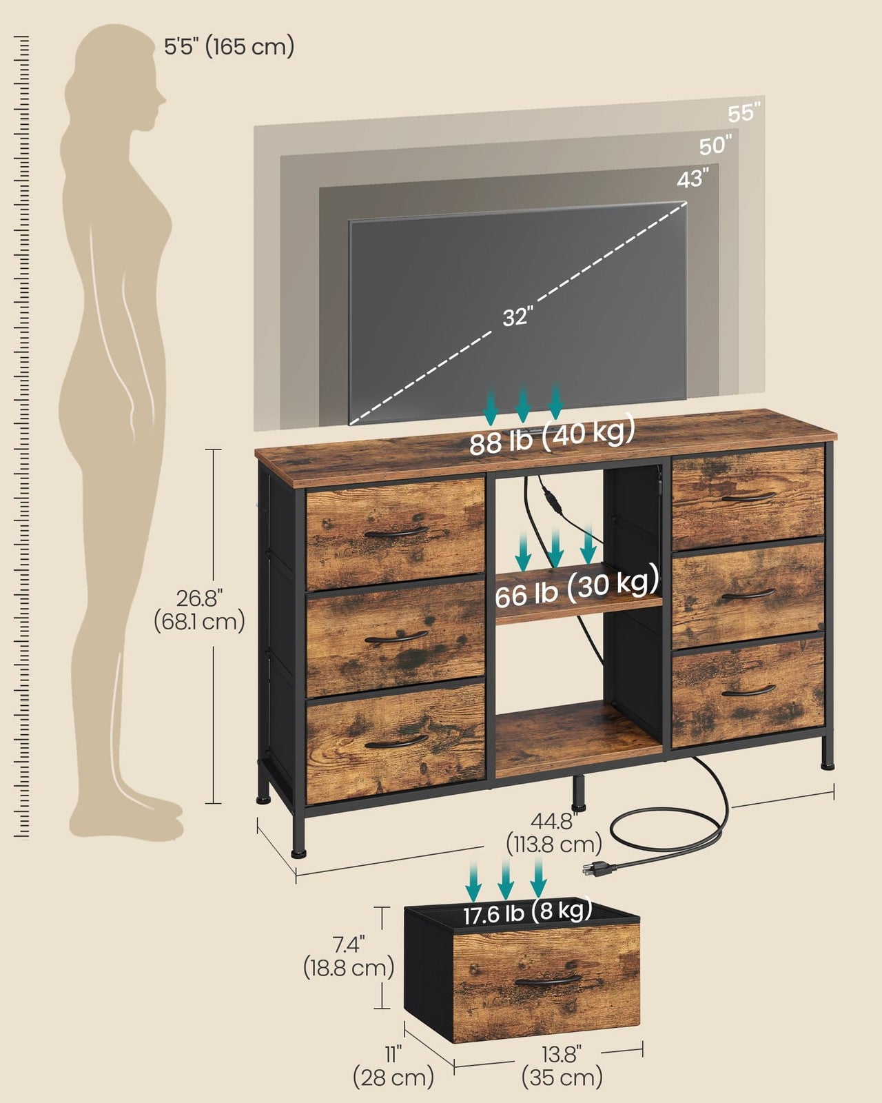 SONGMICS Bellah TV Stand with Drawers and Shelves – Rustic Brown
