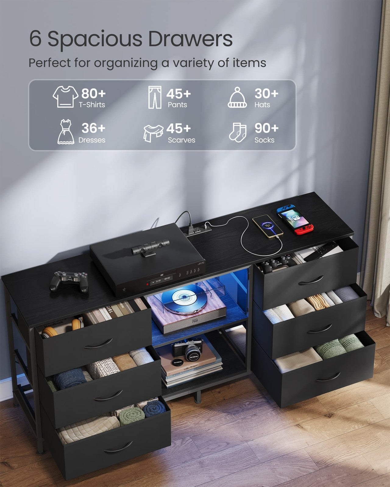 SONGMICS Bellah Steel Dresser with Drawers and Shelves – Ink Black