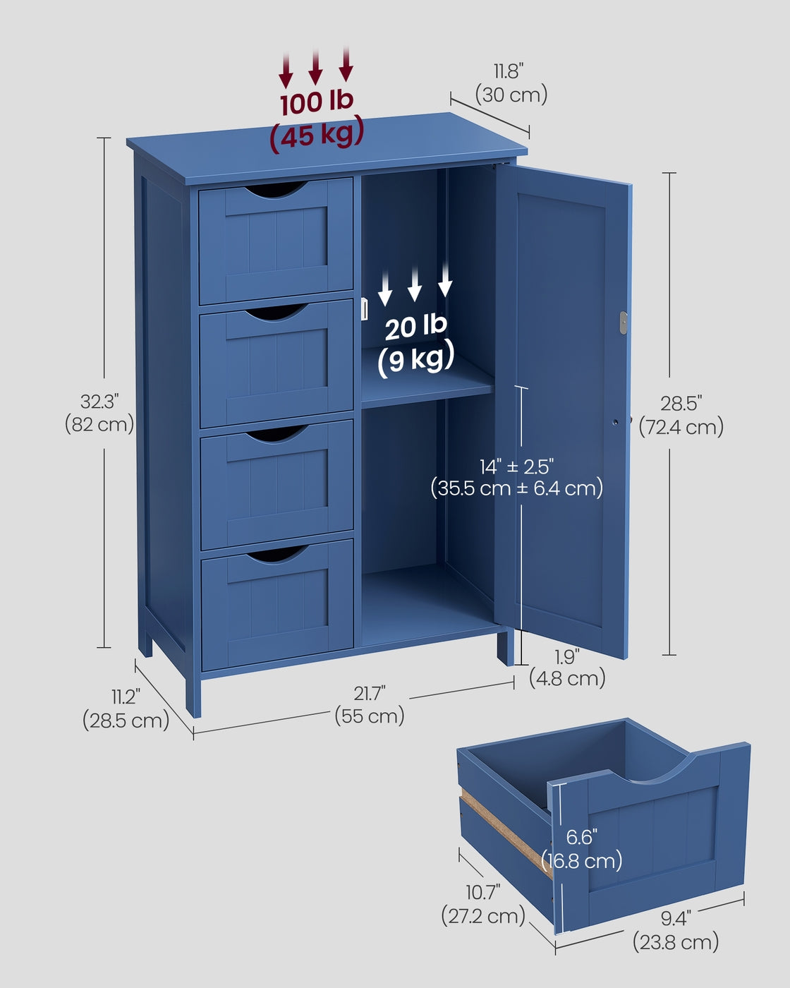 VASAGLE Storage Cabinet with Drawers, 11.8 X 21.7 X 32.3 Inches, Bijou Blue – Bihou Blue