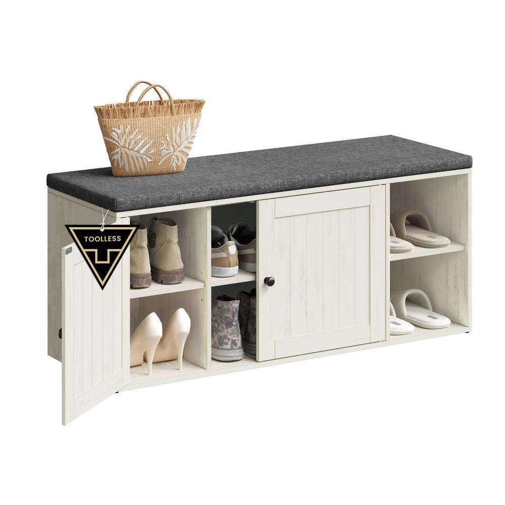 SONGMICS HOME Storage Bench with Door, Adjustable Shelf, White and Gray – Rustic White, Slate Gray