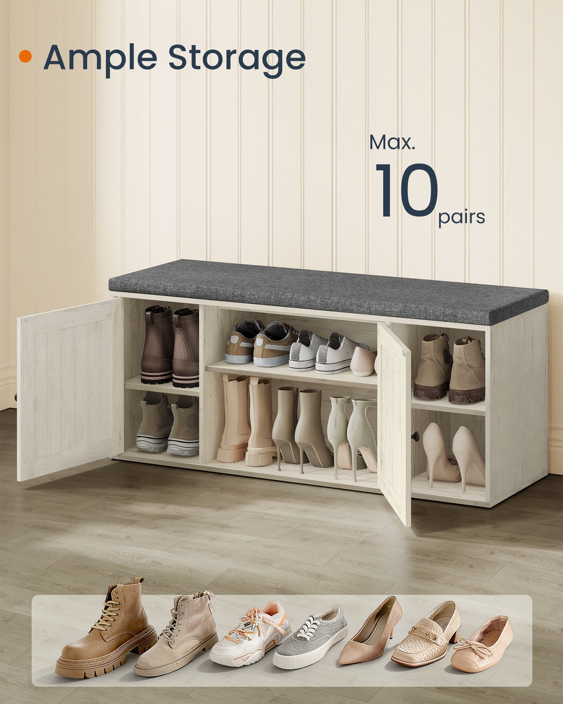 SONGMICS HOME Storage Bench with Door, Adjustable Shelf, White and Gray – Rustic White, Slate Gray