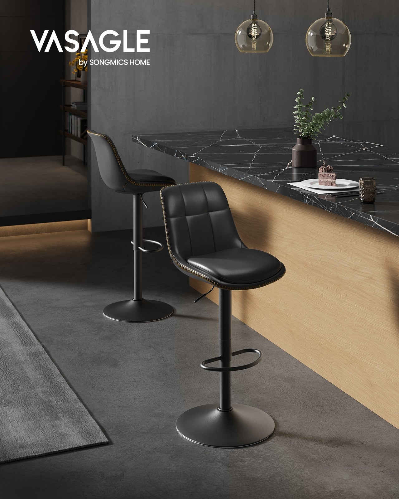 VASAGLE Bar Stools, Set of 2 Swivel Bar Chairs, Adjustable Height, Ink Black