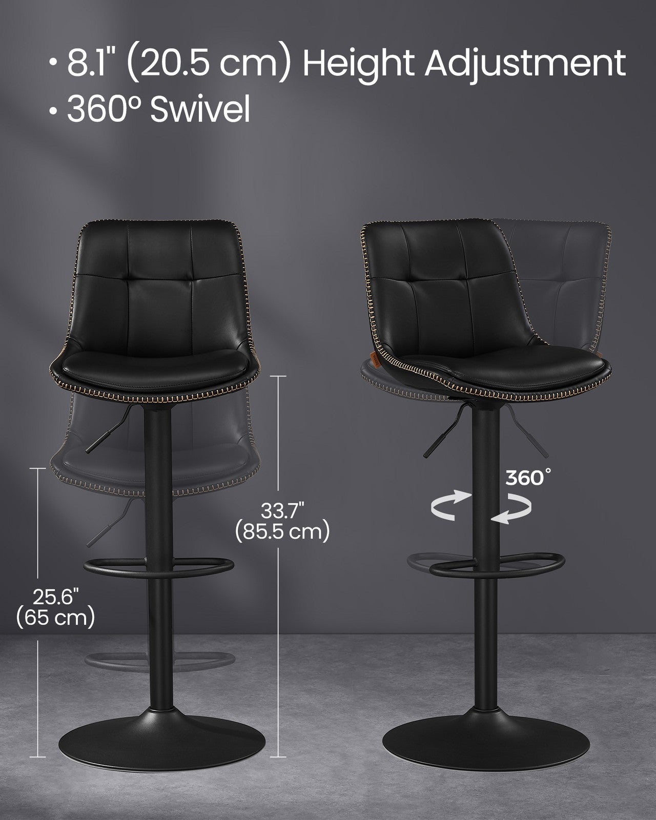 VASAGLE Bar Stools, Set of 2 Swivel Bar Chairs, Adjustable Height, Ink Black