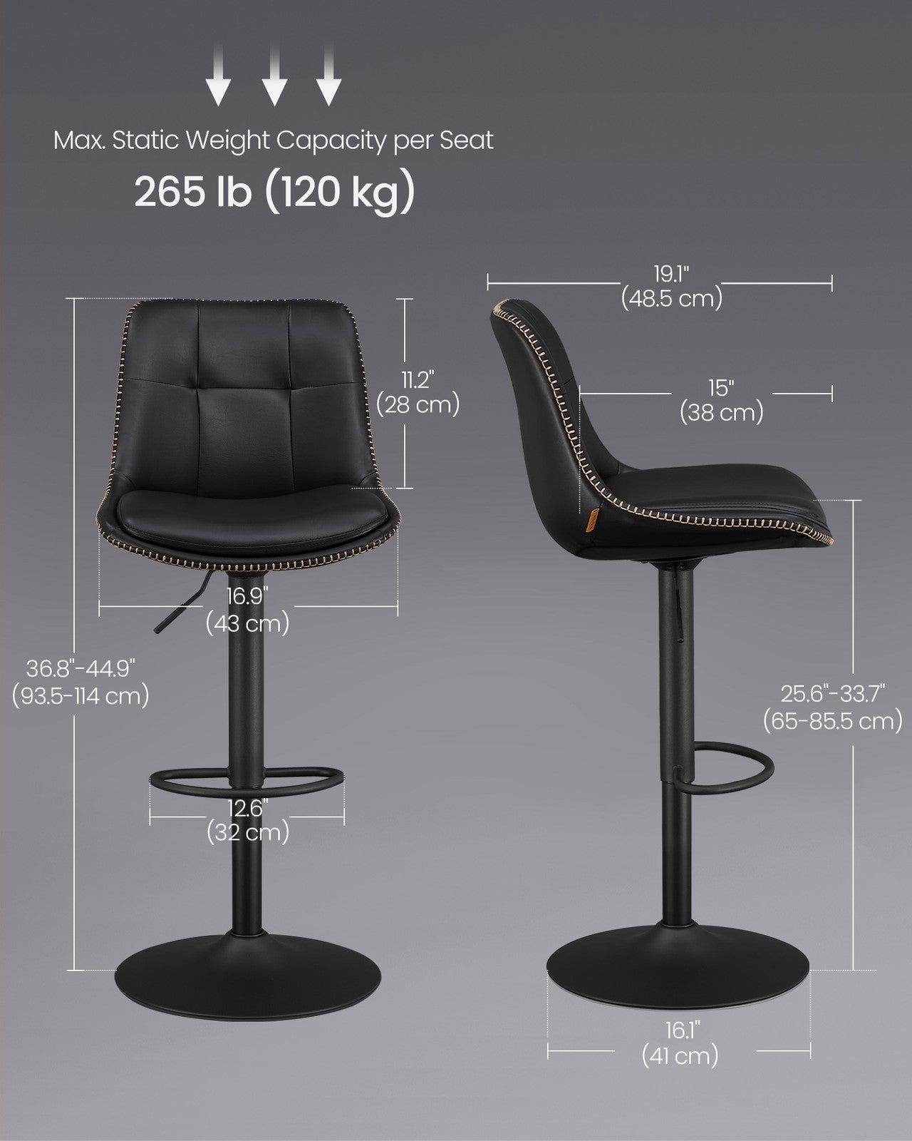 VASAGLE Bar Stools, Set of 2 Swivel Bar Chairs, Adjustable Height, Ink Black