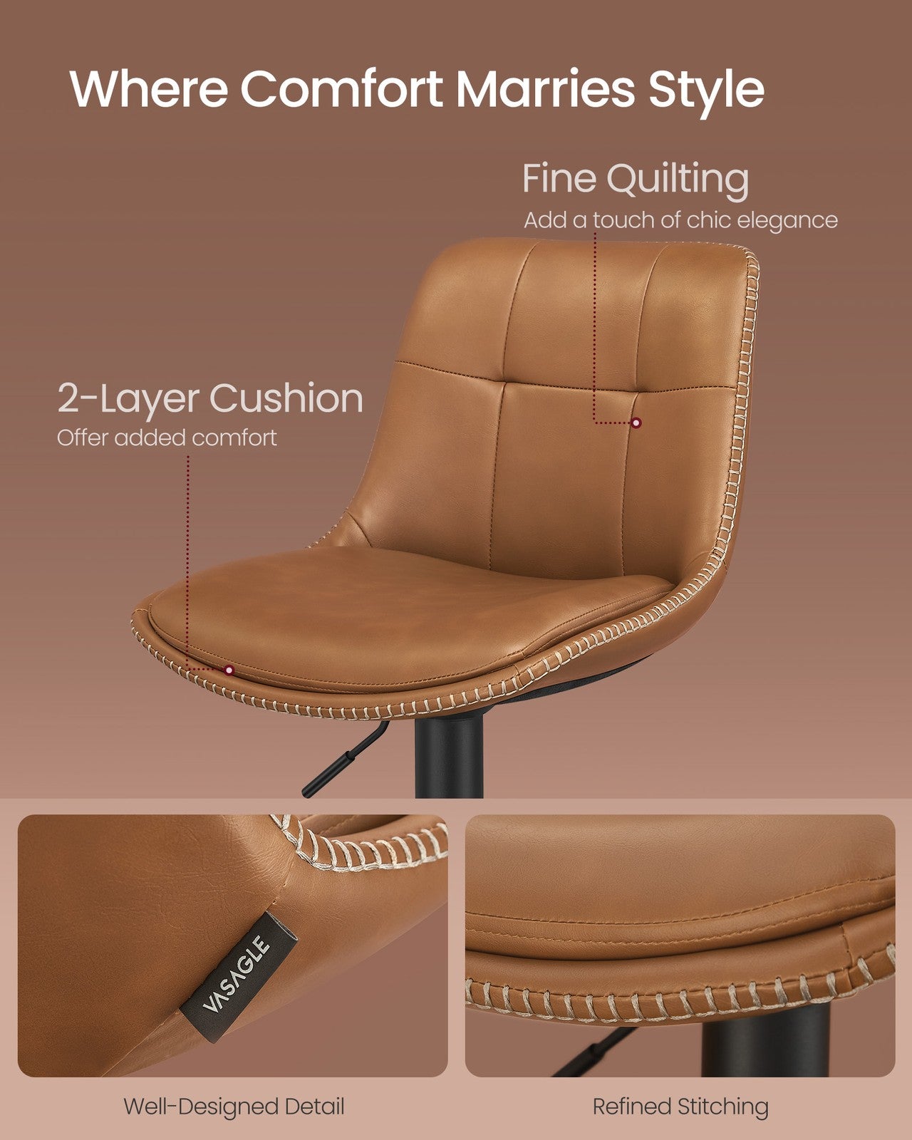 VASAGLE Bar Stools, Set of 2 Swivel Bar Chairs, Adjustable Height, Caramel Brown