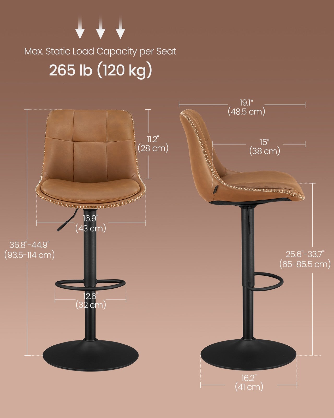 VASAGLE Bar Stools, Set of 2 Swivel Bar Chairs, Adjustable Height, Caramel Brown