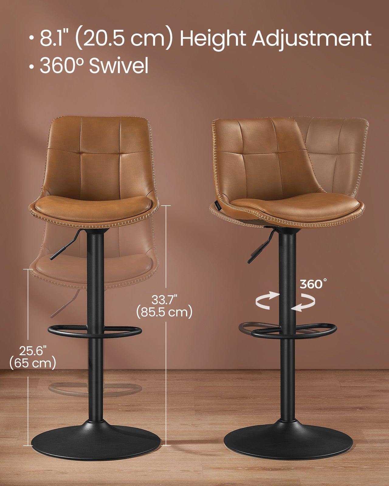 VASAGLE Bar Stools, Set of 2 Swivel Bar Chairs, Adjustable Height, Caramel Brown