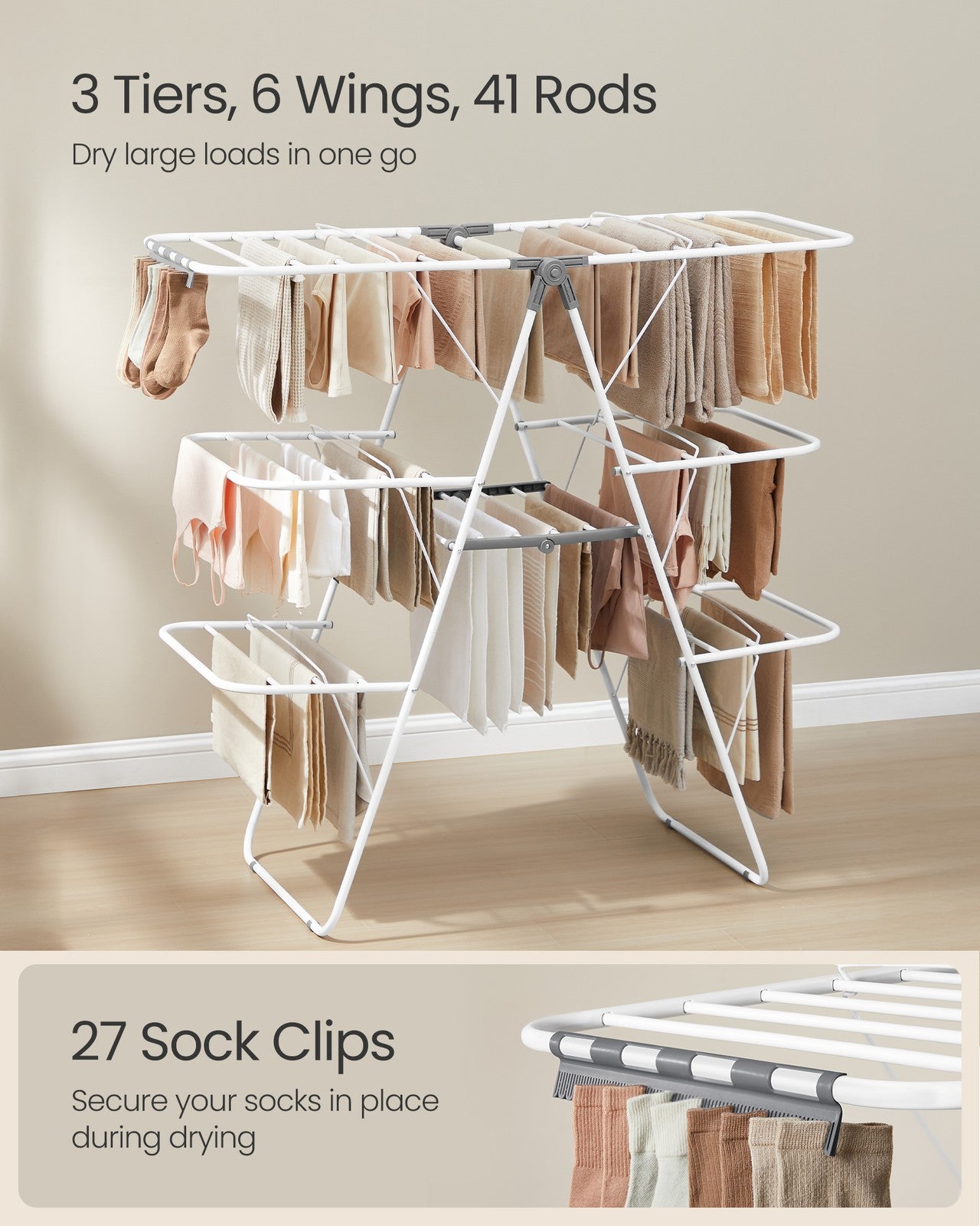 SONGMICS Clothes Drying Rack, Foldable 3-Level Laundry Rack, White and Gray – White, Gray