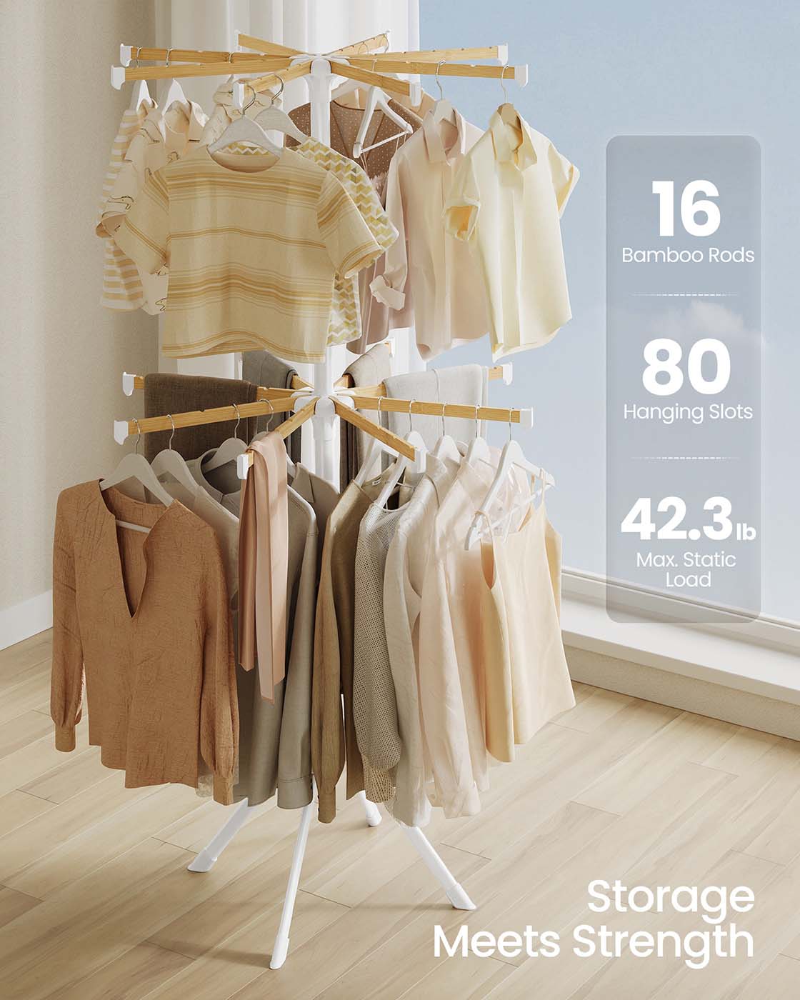 SONGMICS Clothes Drying Rack 2-Tier, with Bamboo Hanging Rods, White and Natural – White, Natural