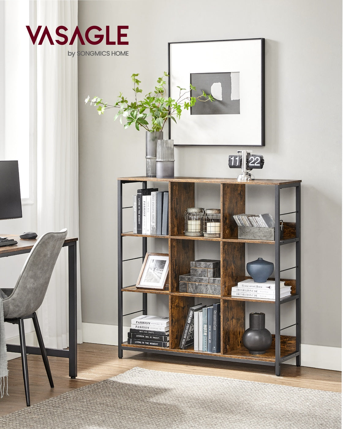 VASAGLE Bookshelf with 9 Storage Cubes – Rustic Brown, Black
