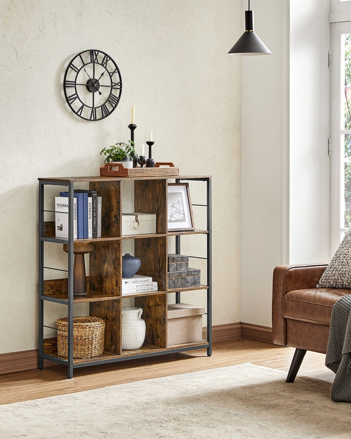 VASAGLE Bookshelf with 9 Storage Cubes – Rustic Brown, Black