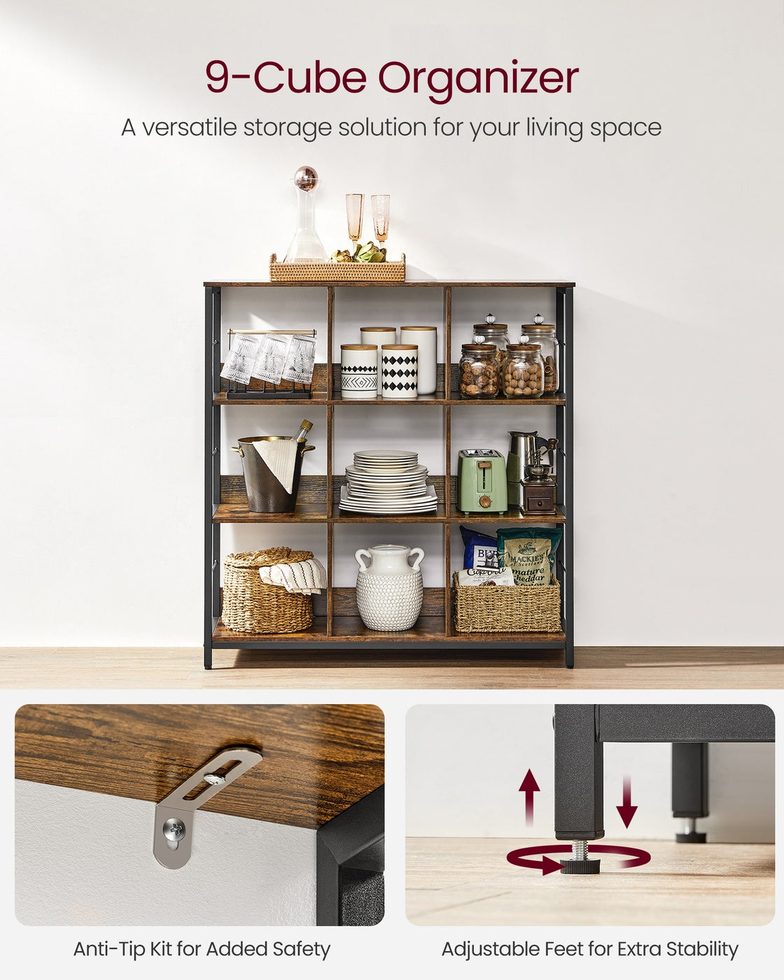 VASAGLE Bookshelf with 9 Storage Cubes – Rustic Brown, Black