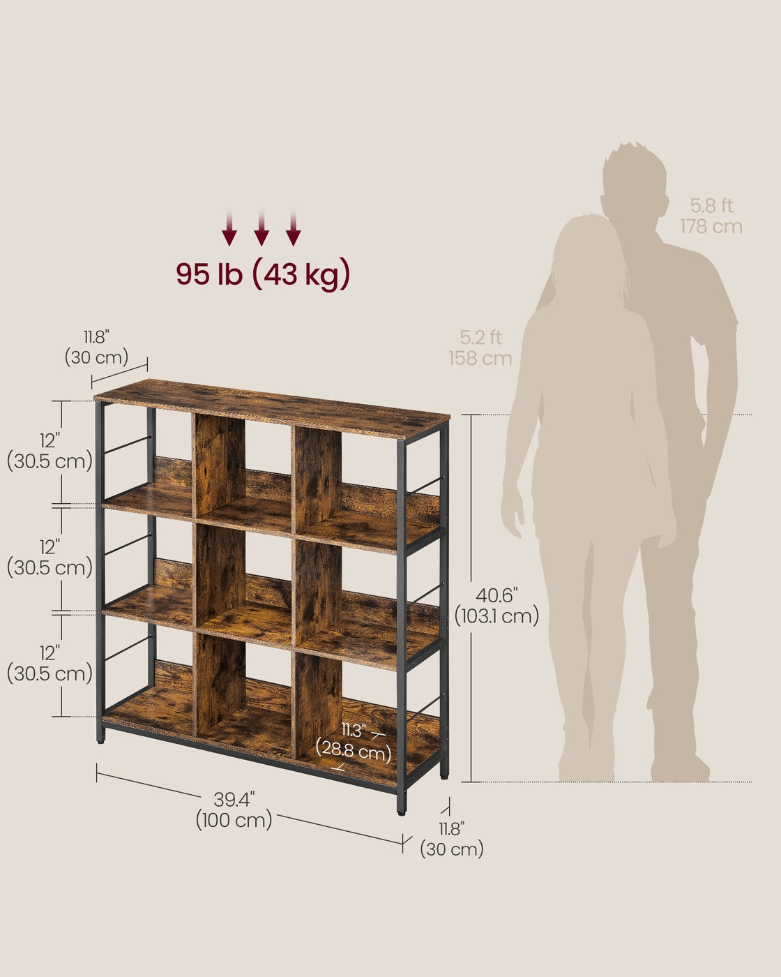 VASAGLE Bookshelf with 9 Storage Cubes – Rustic Brown, Black